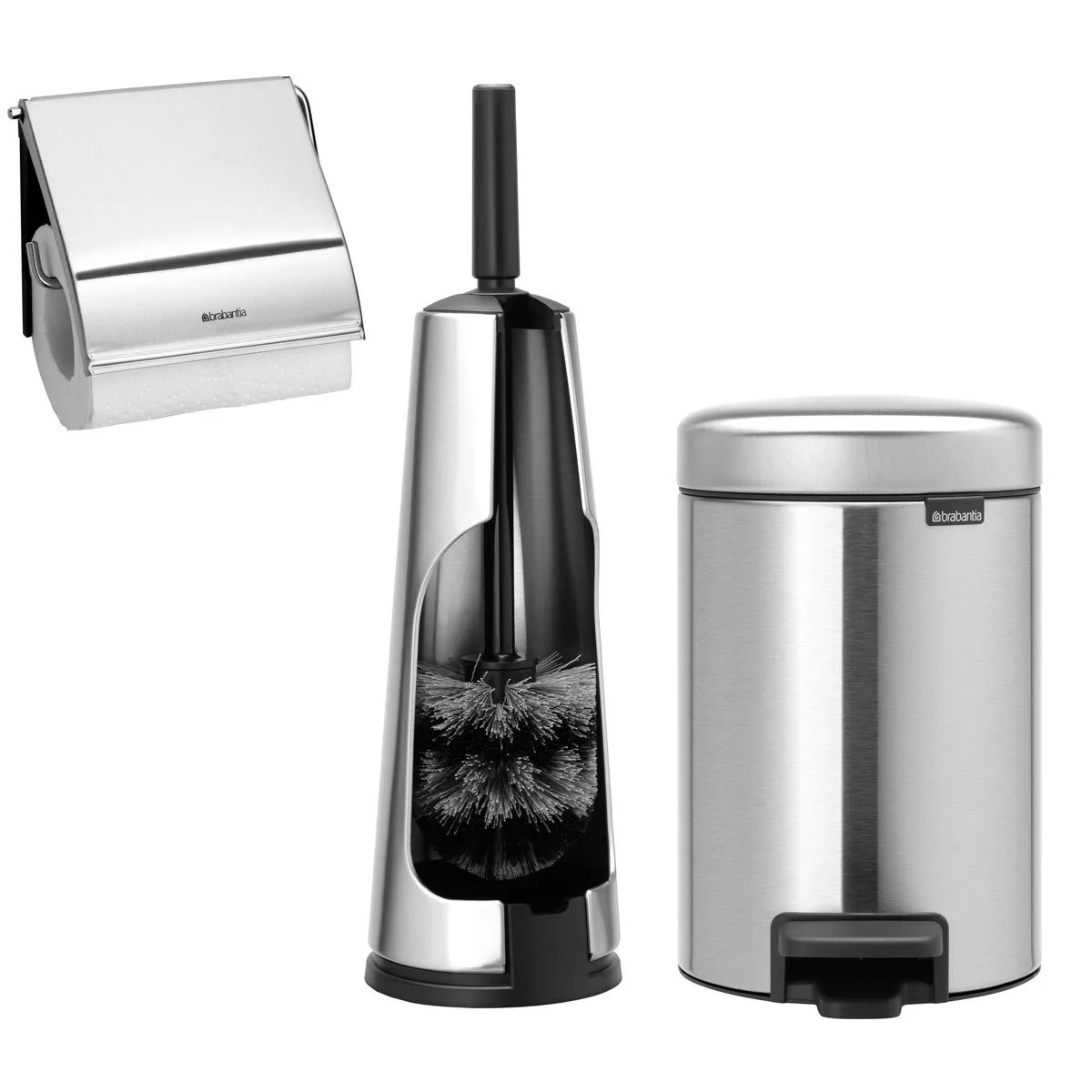 סט לשירותים Brabantia: פח פדל 3 ליטר NewIcon + מברשת אסלה קונית + מתקן קיר לנייר טואלט ברבנטיה – תמונה 1