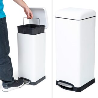 waste bin 30 liter for kitchen decorated square pedal silenced closing metalic white