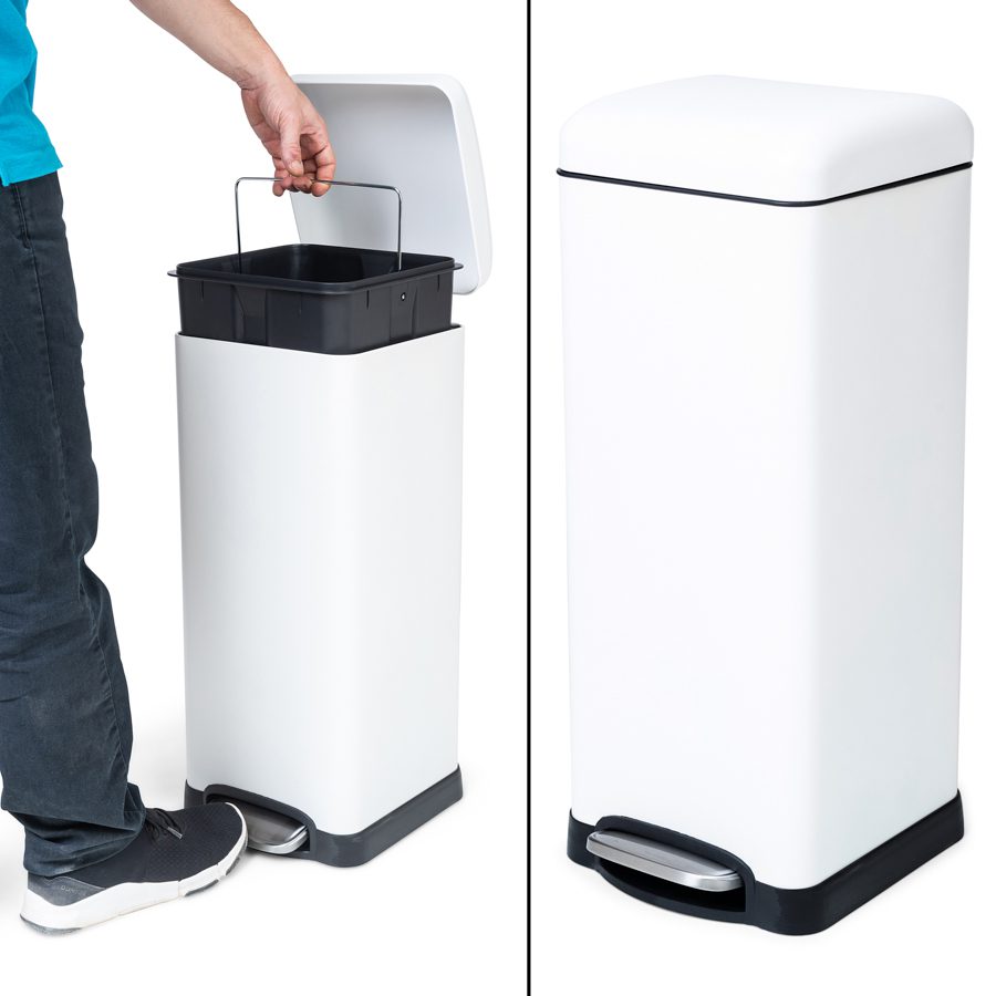 waste bin 30 liter for kitchen decorated square pedal silenced closing metalic white