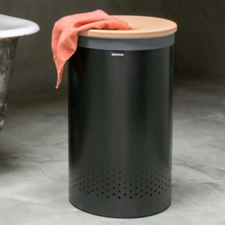 סל כביסה עגול 60 ליטר, שחור מכסה שעם Brabantia