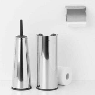 סט טואלט לשירותים מבריק ReNew ברבנטיה: דיספנסר, מתקן קיר לנייר טואלט ומברשת אסלה קונית Brabantia