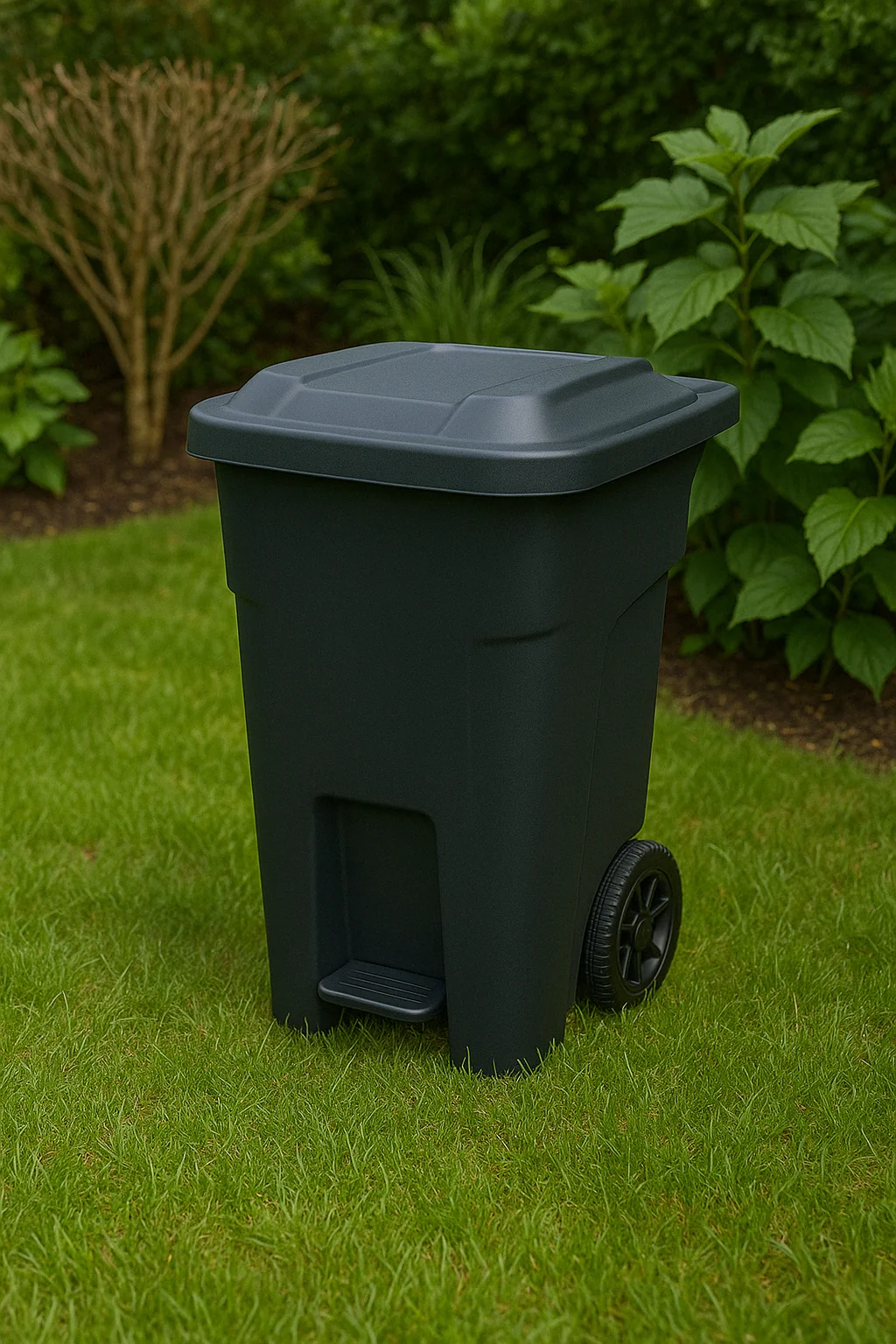 A photograph captures a black wheeled trash bin wi
