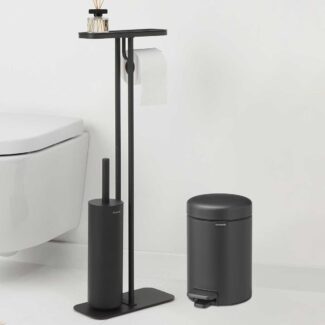 סט לשירותים אפור כהה מינרלי Brabantia: פח פדל 3 ליטר NewIcon + באטלר - מעמד לנייר טואלט, מברשת אסלה זיפים ומדף MindSet ברבנטיה