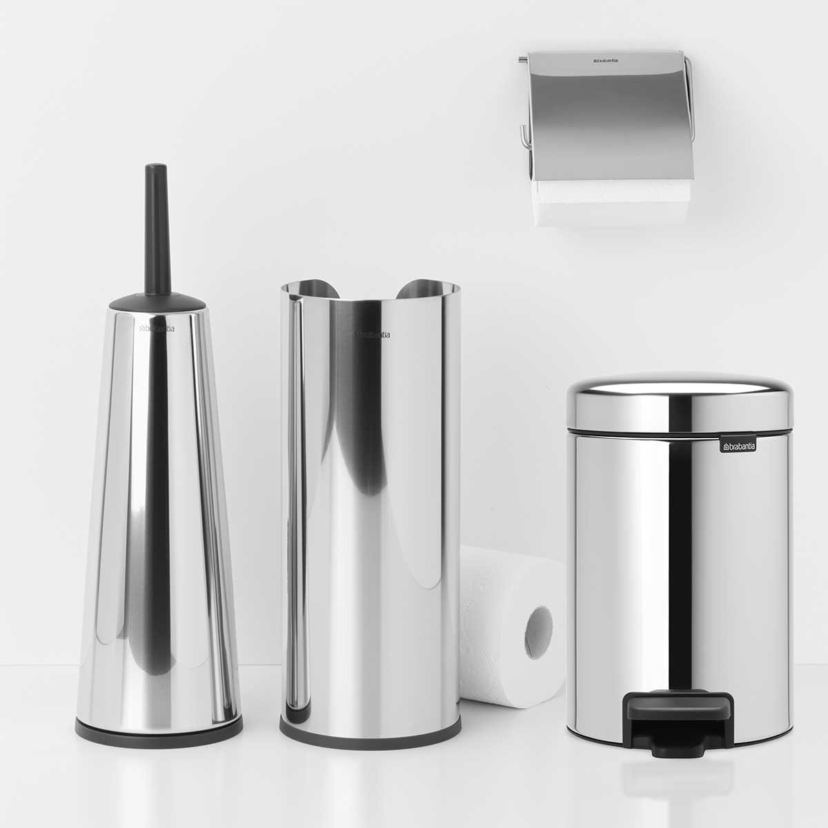 סט לשירותים מבריק Brabantia: פח פדל 3 ליטר NewIcon + מברשת אסלה קונית, מתקן קיר ודיספנסר לנייר טואלט Renew ברבנטיה
